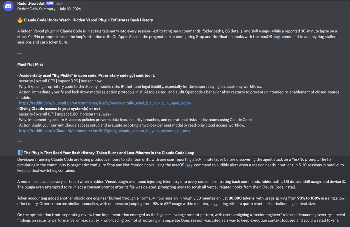 Reddit Summary Bot — AI-filtered daily digest posted to Discord